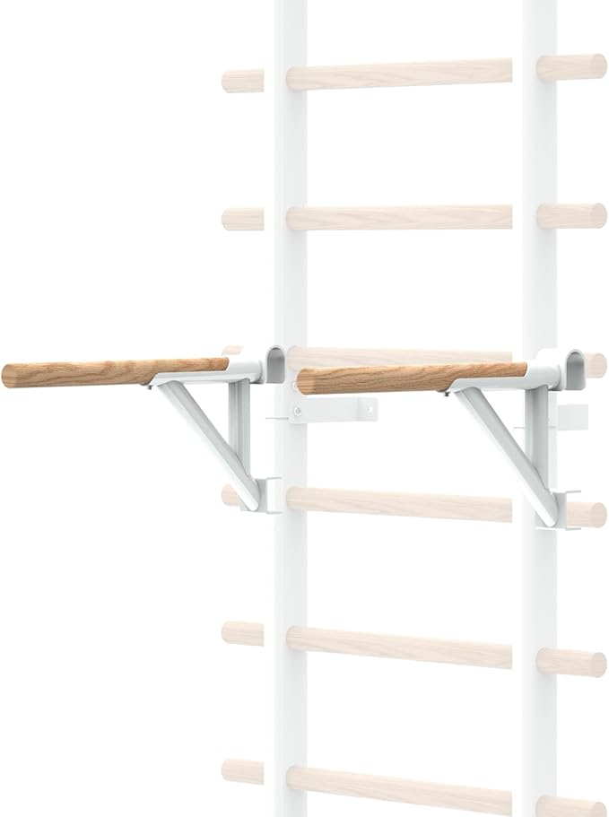 DHT Wood Stall Bar, Swedish Ladder Suspension Trainer with 9 Strategic Rods, for Home, Gym, School and Clinics, White