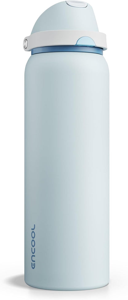 Insulated Water Bottle with Straw - Encool Stainless Steel Water Bottle with Push Button Lid, Leak-Proof & BPA-Free, Keeps Cold for 24 Hours for Sports, Travel, Gym (40 oz, Jungle Mist)