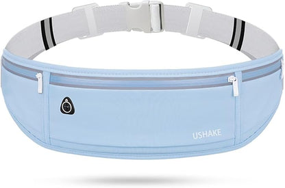 USHAKE Slim Running Belt, Workout Fanny Pack for Men Women,Exercise Waist Pack for Apple iPhone Holder, Runner Belt for Running Walking Cycling Camping Gym Light Blue