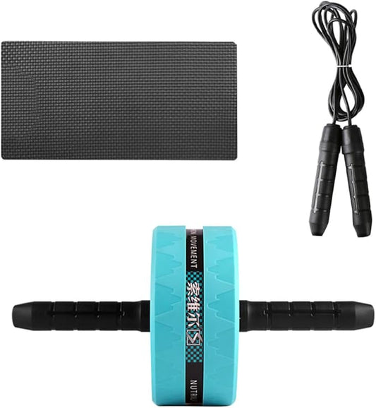 Ab Roller Wheel for Home and Exercise, Blue Silent Fitness Wheel with Knee Pad and Black Jump Rope Set, Core Strength Training Equipment for Abdominal Workout