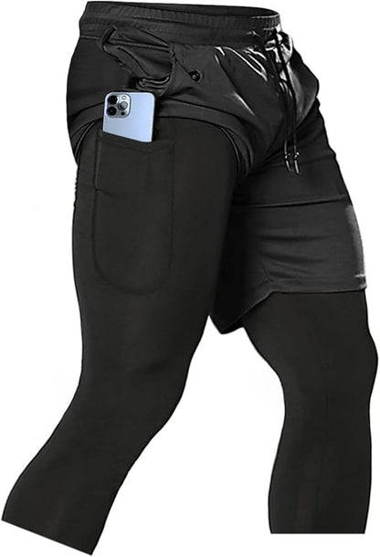 Aolesy Men's 2 in 1 Running Pants, Gym Workout Compression Pants for Men Training Athletic
