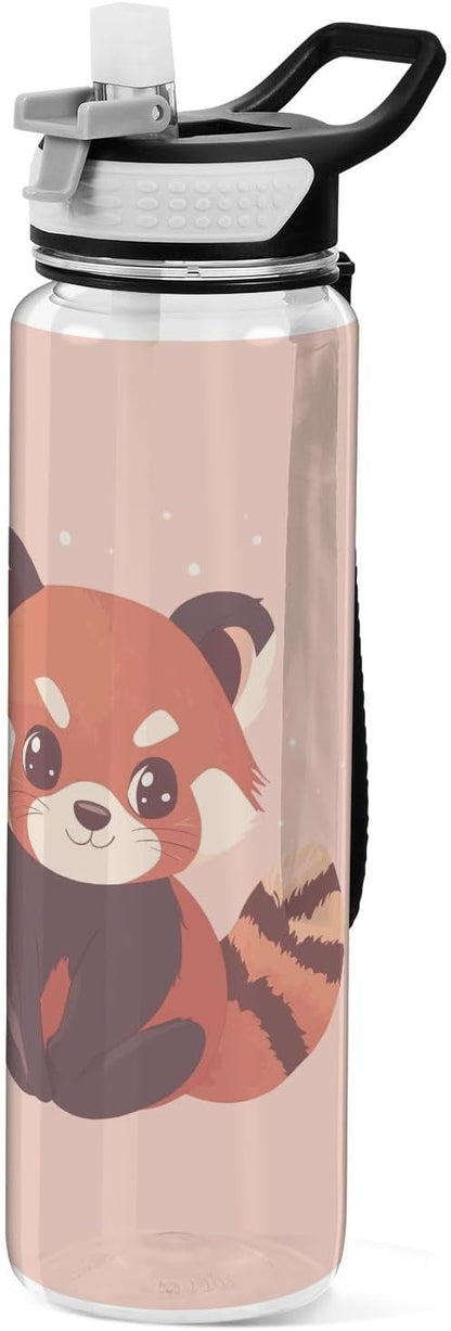 Fustylead Cute Flat Red Panda 32oz Water Bottle with Straw, Leakproof Clear Sport Water Bottles for Gym Camping Hiking Travel