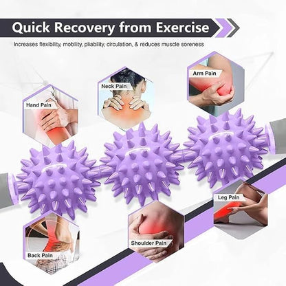 Fascia Muscle Roller, Cellulite Massager for Sore Muscles, Neck, Leg, Back, Pressure Trigger Point Body Deep Tissue Massage Stick Tools, 3 Massage Balls, Purple