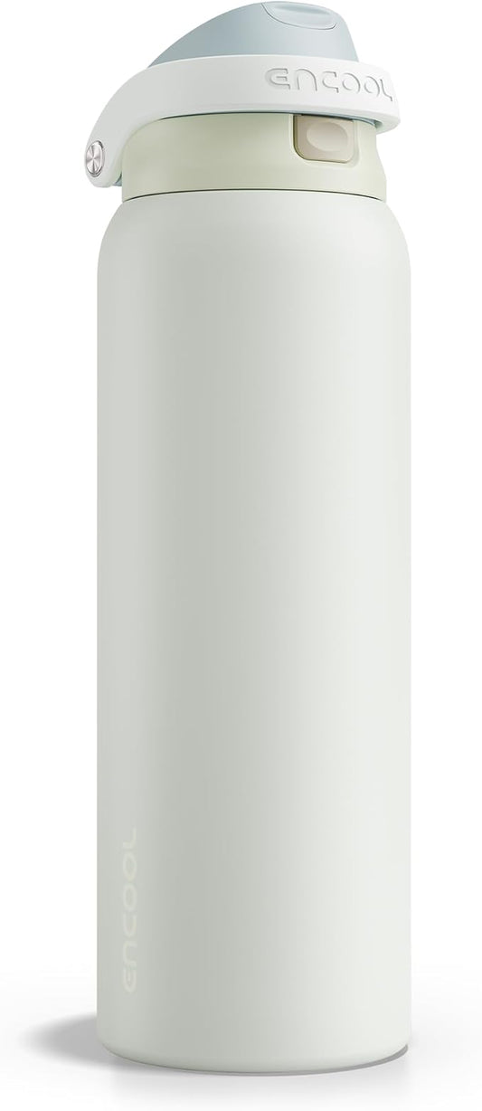 ENCOOL Leakproof Insulated Water Bottle with Straw Dual-Sip Water Bottle Bag-Safe Design for Work, Commute & Gym – Keeps Drinks Cold All Day, 40 oz, Cloud-Hill White