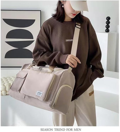 New men's and women's splash proof sports hand travel fitness shopping weekend camping overnight bags. (beige)