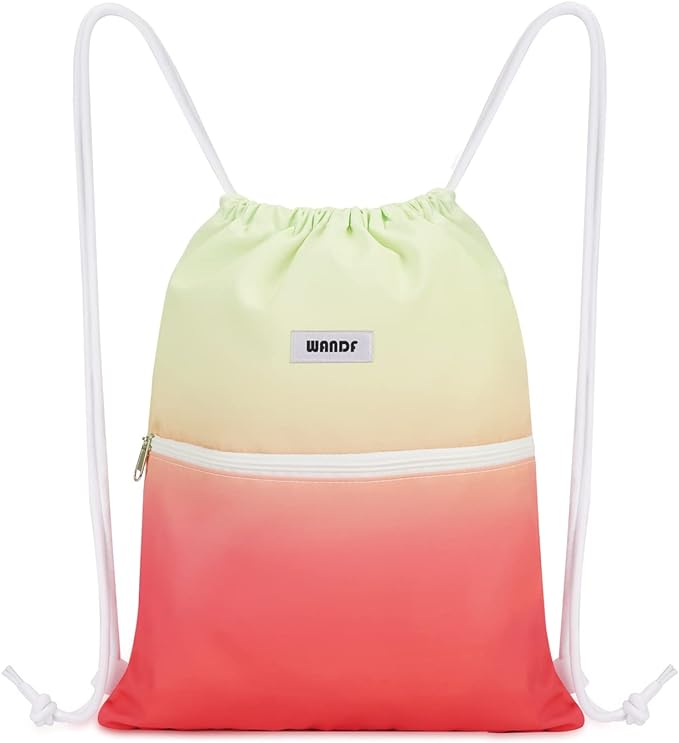 WANDF Drawstring Backpack String Bag Sackpack Cinch Water Resistant Nylon for Sport Yoga Gym Shopping (Red-Green Gradient)