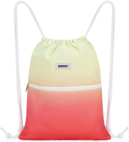 WANDF Drawstring Backpack String Bag Sackpack Cinch Water Resistant Nylon for Sport Yoga Gym Shopping (Red-Green Gradient)