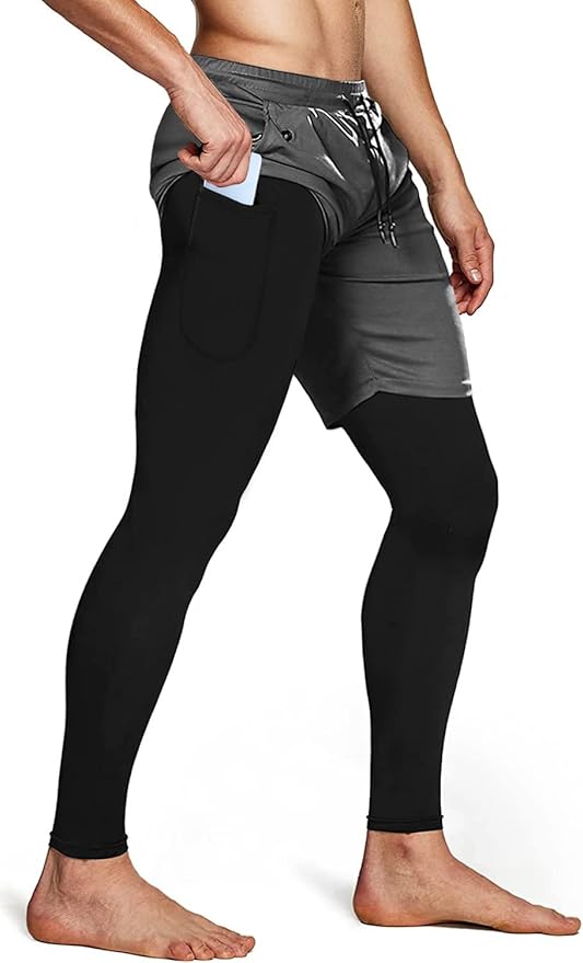 Aolesy Men's 2 in 1 Running Pants, Gym Workout Compression Pants for Men Training Athletic