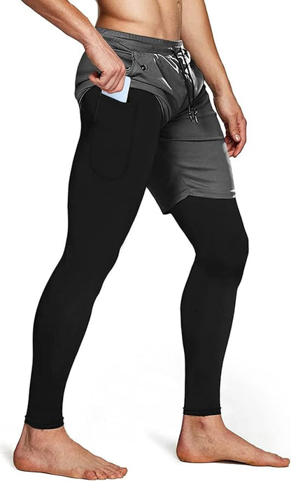 Aolesy Men's 2 in 1 Running Pants, Gym Workout Compression Pants for Men Training Athletic