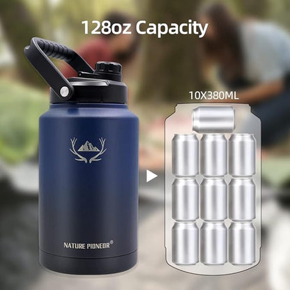 NATURE PIONEOR 1 Gallon Insulated Water Bottle - Double Vacuum Stainless Steel 128 oz Water Bottle with Holder/Carrier, Wide Mouth 1 gallon Water Jug for Outdoor Sports, Hiking, Camping, Gym