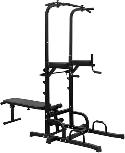 Multifunctional Power Tower with Bench - 7 Adjustable Height Pull Up Bar & Dip Station, Foldable Weight Bench for Home Gym, Heavy Duty Full Body Workout Equipment (Black)