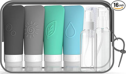 16-Piece Silicone Travel Bottles Set – TSA Approved Leakproof Toiletry Kit with Flat Easy-Squeeze Bottles, Pump & Spray, Waterproof Bag