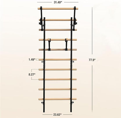 GMWD Swedish Ladder, Stall Bar, Suspension Trainer with Pull-Up Bar and Dip Bar Attachments, Wooden Stall Bar with 9 Strategic Rods for Core Strengthening and Stretching Balanced for Body Exercises