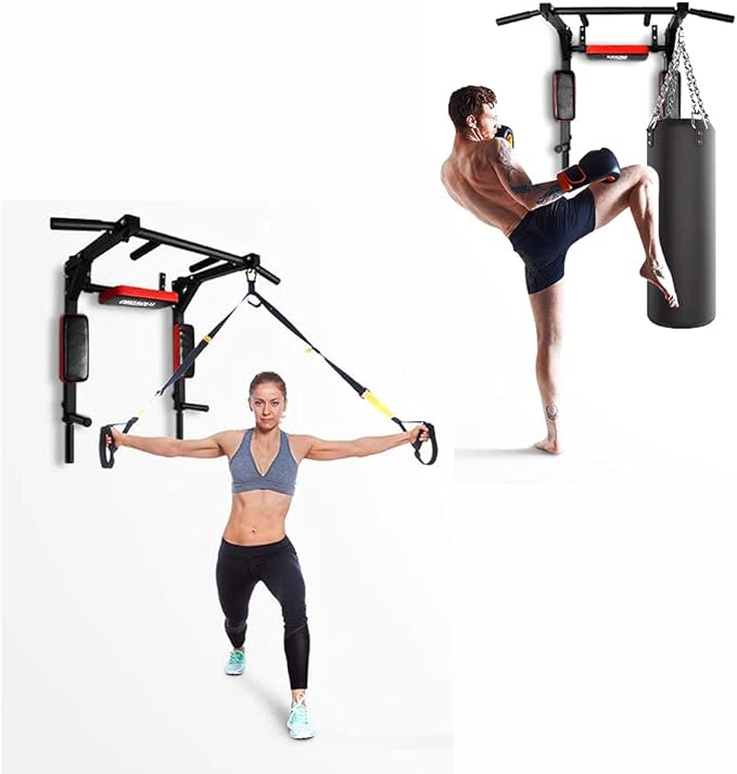 PLKO Wall Mount Pull Up Bar and Multi-Function Squat Press Barbell Rack Stand set，Wall Mounted Body Press Pull Up Bar Gym Chin-Up for Upper Body Workout,Fitness Exercise Equipment Home Gym