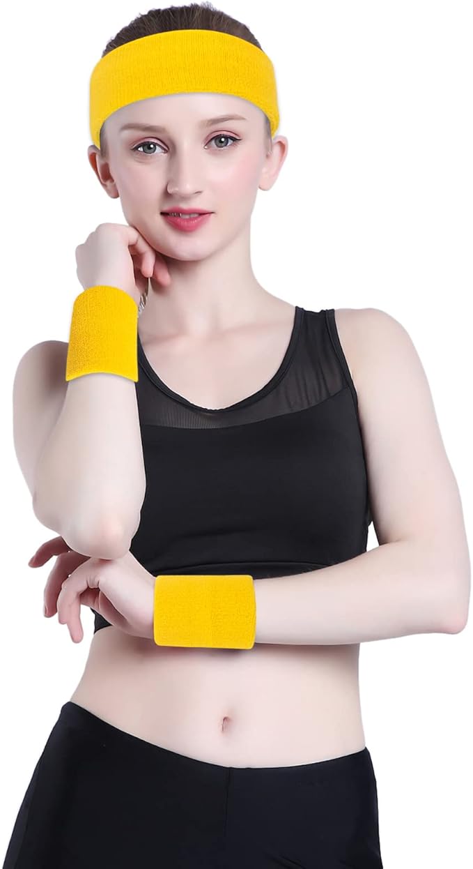 ONUPGO Sweatband Set Sports Headband Wristband Set Sweatbands Terry Cloth Wristband Wrist Sweatband Headbands Moisture Wicking Sweat Absorbing Head Band