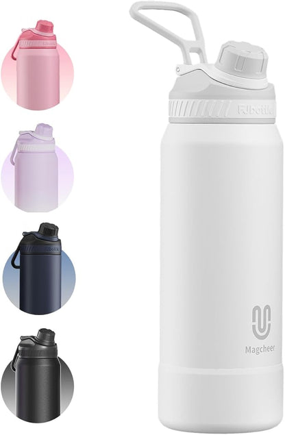 32oz Insulated Water Bottle| Double-Wall Vacuum Stainless Steel, Wide Mouth Design, Leak-Proof Reusable Bottle for Gym, Sports & Daily Hydration -White/Gray