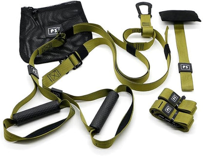 Suspension Trainer Straps Kit – Full Body Workout Training System with Door Anchor, Adjustable Resistance Bands, Home Gym Equipment for Strength, Core, Cross Training & Fitness (GREEN)