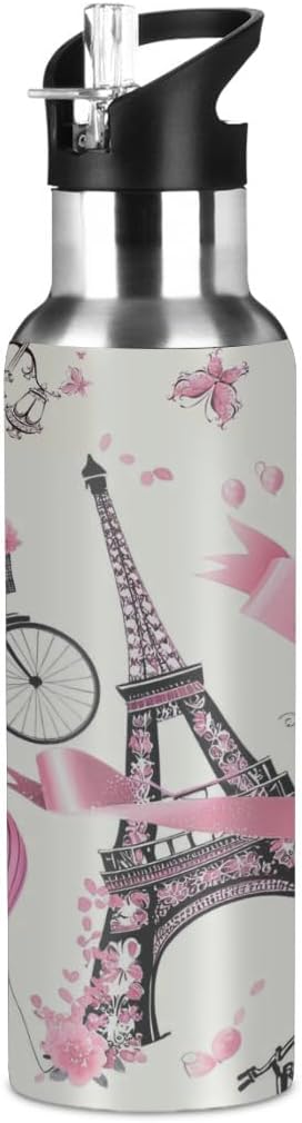 Eiffel Tower Paris France Flower Water Bottle Vacuum Insulated Stainless Steel Mug Kids Water Bottle with Straw and Handle Keep Hot Cold Sport Bike Fit Travel Outdoor 20 oz