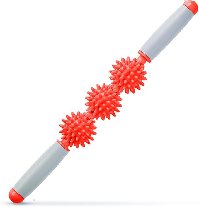Fascia Muscle Roller, Cellulite Massager for Sore Muscles, Neck, Leg, Back - Pressure Trigger Point Body Deep Tissue Massage Stick Tools With 3 Massage Balls, Red