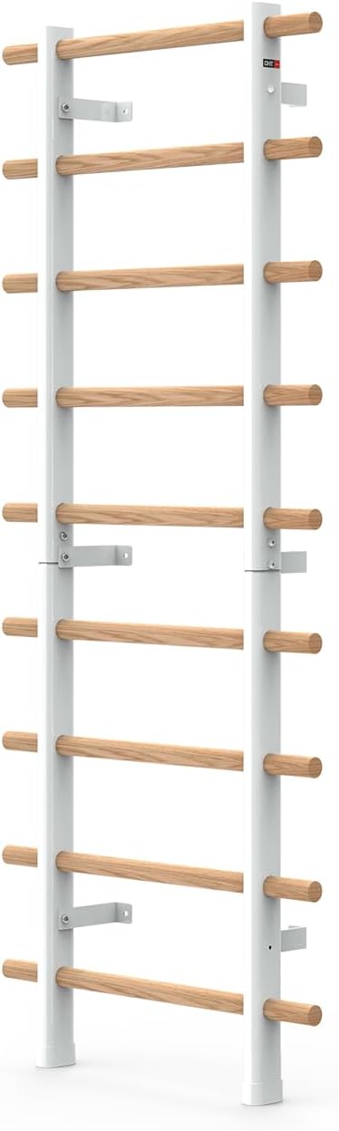 DHT Wood Stall Bar, Swedish Ladder Suspension Trainer with 9 Strategic Rods, for Home, Gym, School and Clinics, White