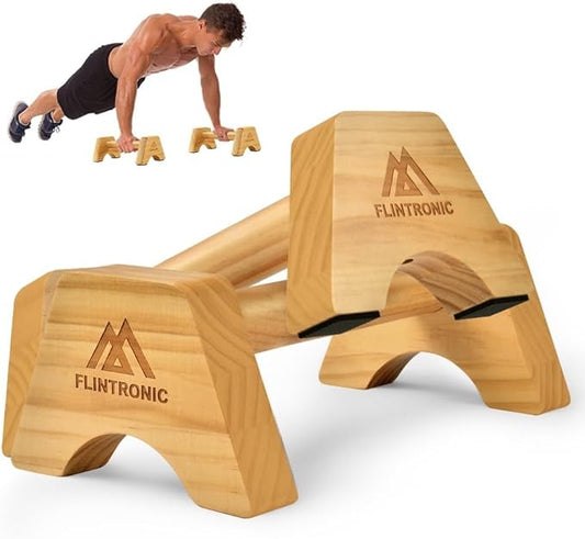 flintronic Wooden Parallettes, Fitness Push Up Bars, Solid Wood Parallettes Bars with Non-Slip Mat, Handstand Bar Push Up, Wrist Straps, for Home Workout Equipment for Strength Training, Gymnastics