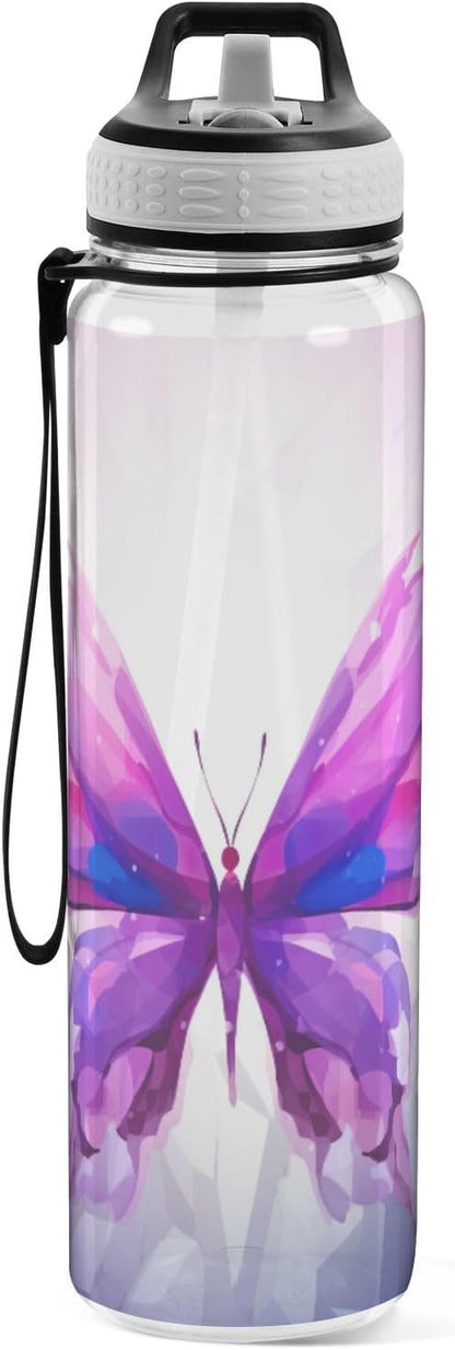 YETTASBIN Purple Butterfly Clear Water Bottle with Straw Lid, BPA-Free Leakproof Sport Water Bottle 32oz Large Gym Water Jug for Men Women Travel Fitness Outdoor