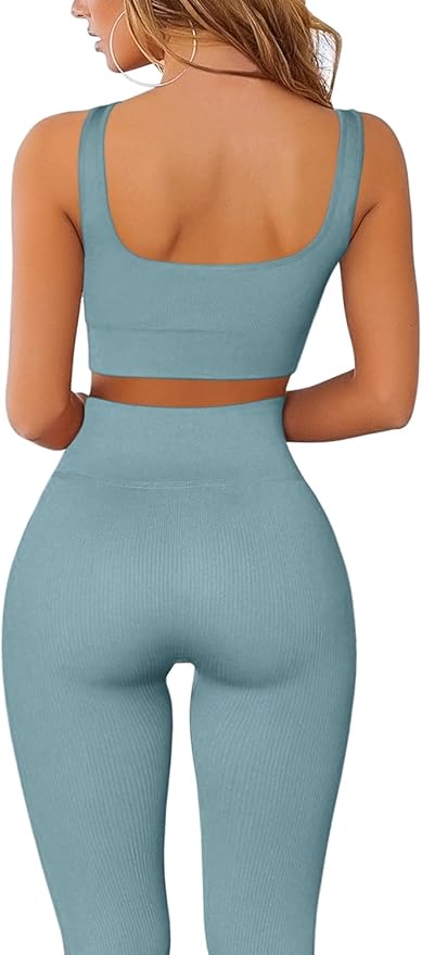 FAFOFA Ribbed Workout Outfits for Women 2 Piece Seamless Sport Bra High Waist Yoga Leggings Sets