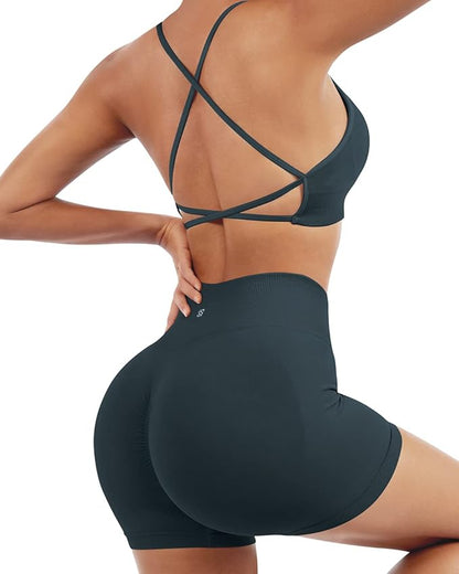 SUUKSESS Women Seamless Workout Sets Strappy Sports Bra High Waist Booty Shorts Outfits