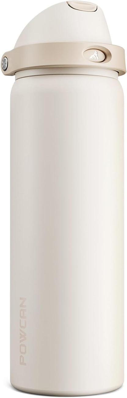POWCAN 32 oz Insulated Water Bottle, 2-in-1 Push-Button Spout & Quick-Flip Straw Lid, Leakproof, Keep Cold 24Hrs, BPA-Free, Stainless Steel Water Bottle for Sports, School, Travel, Gym (Oat Mousse)