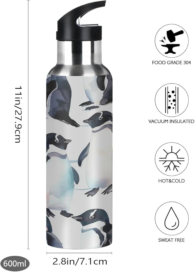 Penguin Ocean Polar Wildlife Water Bottle Vacuum Insulated Stainless Steel Mug Kids Water Bottle with Straw and Handle Keep Hot Cold Sport Bike Fit Travel Outdoor 20 oz