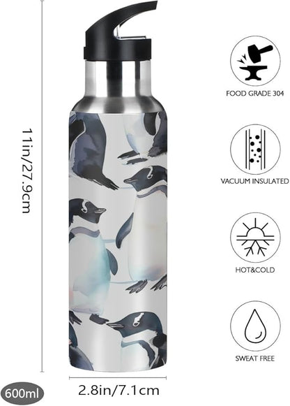 Penguin Ocean Polar Wildlife Water Bottle Vacuum Insulated Stainless Steel Mug Kids Water Bottle with Straw and Handle Keep Hot Cold Sport Bike Fit Travel Outdoor 20 oz