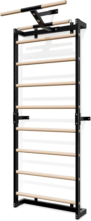 Swedish Ladder, Wood Stall Bars Suspension Trainer with Pull-Up Bar & Rings for Straps, Swedish ladders Wall Gym Adult, Wall-Mounted Workout Ladder for Home, Gym, School and Clinics