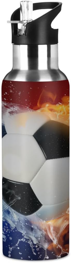 Space Fire Water Soccer Water Bottle Vacuum Insulated Stainless Steel Mug Kids Water Bottle with Straw and Handle Keep Hot Cold Sport Bike Fit Travel Outdoor 20 oz