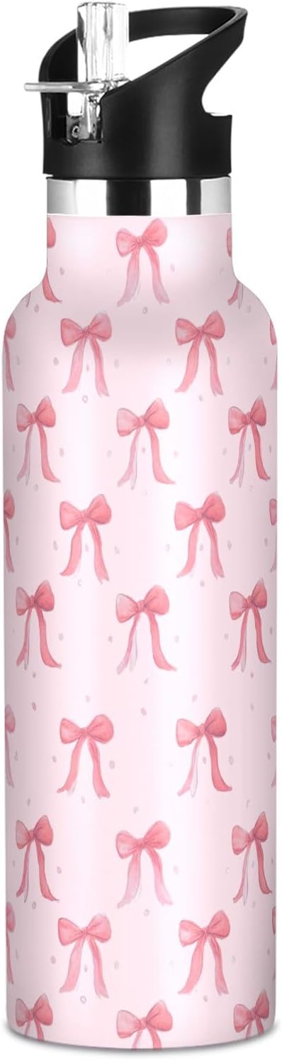Insulated Water Bottle with Straw Cute Pink Ribbon Bow 20 Oz Kids Stainless Steel Water Flask Sports Travel Mug for Boys Girls