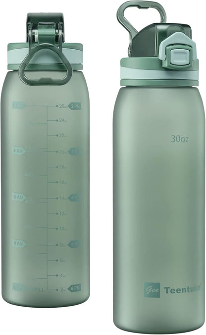 Time Marker Water Bottle 30 oz with Push Button Motivational Measurement Marker, Reusable Tritan Plastic Water Jug for Workout Sport Travel Water Tracker (Pack of 1)