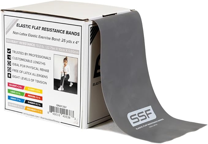 Serious Steel Fitness Flat Resistance Bands for Upper and Lower Body Strength Training and Exercise. (Non-Latex Flat Physical Therapy Exercise Bands - 4" x 25 Yards or 4" x 5 Feet)