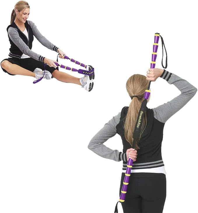 StretchRite Physical Therapy Full Body Stretching Strap with Patented Easy Grip Handles for Sore and Tight Muscles, Includes Coaching Guide (Purple/Yellow)