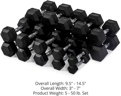 Titan Fitness Rubber Hex Dumbbells, 5 LB-50 LB Set of Pairs, Roll-Resistant Hexagonal Free Weights, Hex Dumbbell Set with Chrome-Coated Handles, Free Weight Set, Strength Training Equipment