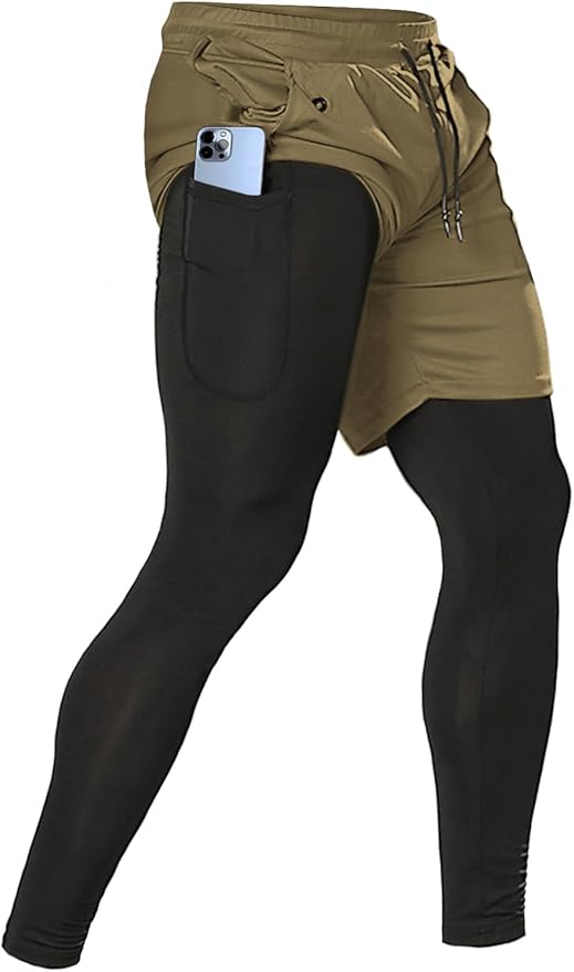 Aolesy Men's 2 in 1 Running Pants, Gym Workout Compression Pants for Men Training Athletic