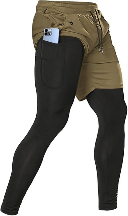 Aolesy Men's 2 in 1 Running Pants, Gym Workout Compression Pants for Men Training Athletic