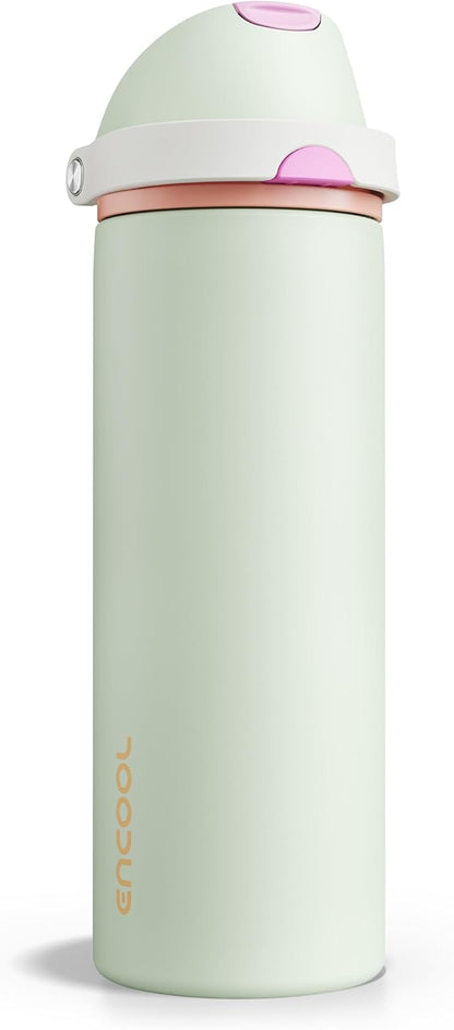 Insulated Water Bottle with Straw - Encool Stainless Steel Water Bottle with Push Button Lid, Leak-Proof & BPA-Free, Keeps Cold for 24 Hours for Sports, Travel, Gym (24 oz, Geyser Green)