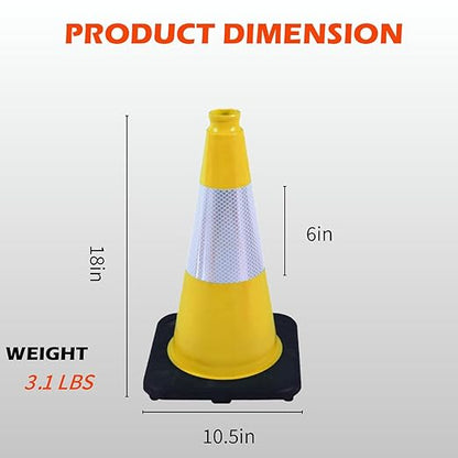 6 Pack 18 Inch Yellow Traffic Cones with Reflective Bands, Durable Black Base Cones for Factory Safety, Loading Zones and Parking Guidance (6, Yellow, 18 Inch)