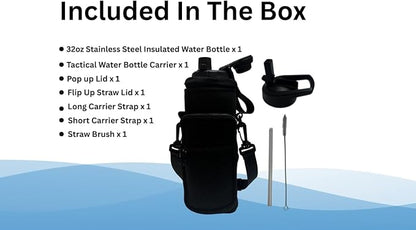 32oz Insulated Stainless Steel Water Bottle With 2 Leakproof Lids, Carrying Pouch, Double Wall Vacuum, BPA Free, Wide Mouth, Ideal for Gym, Fitness, Sports, Travel & Outdoors