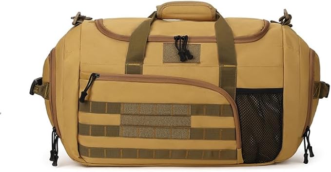 Gym Bag for Men Women, Sports Travel Duffle Bag with Shoe Compartment, 35L Waterproof Carry On Overnight Bag MOLLE System for Workout Fitness Travel Khaki