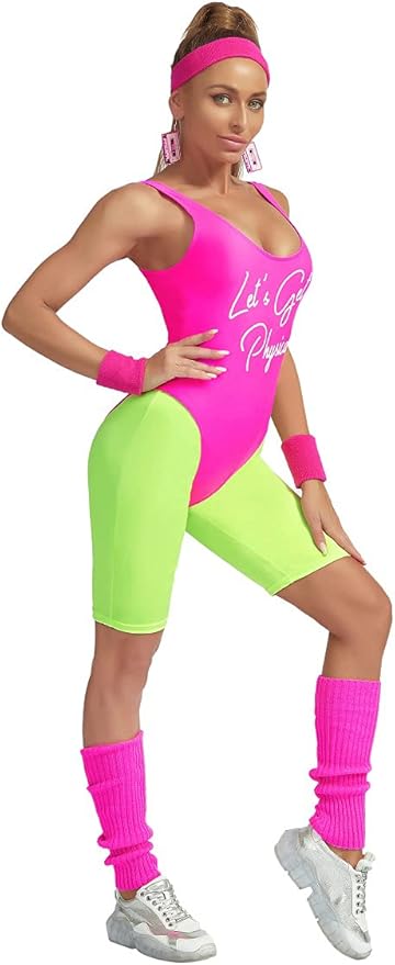 MIAIULIA Womens 80s Workout Costume Outfit 80s Accessories Set Leotard Neon Legging Headband Wristbands Set