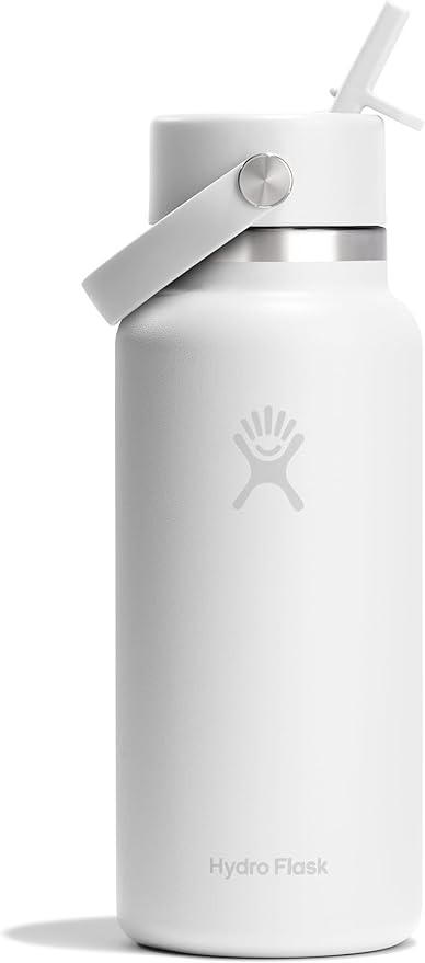 Hydro Flask Water Bottle - Insulated Stainless Steel - Wide Mouth Flex Straw Lid, Non Spill, Leakproof and Refillable in 32 Oz Tonal White