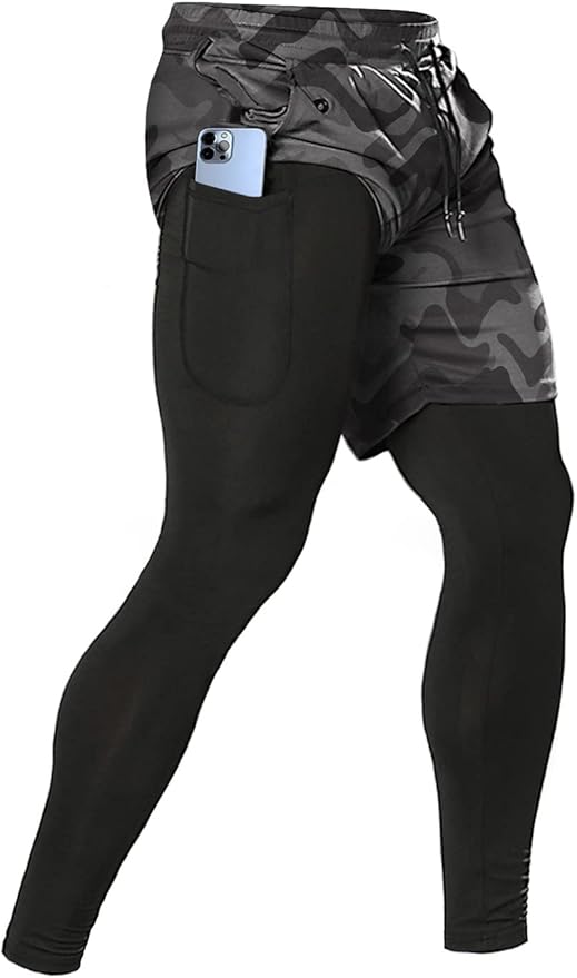 Aolesy Men's 2 in 1 Running Pants, Gym Workout Compression Pants for Men Training Athletic