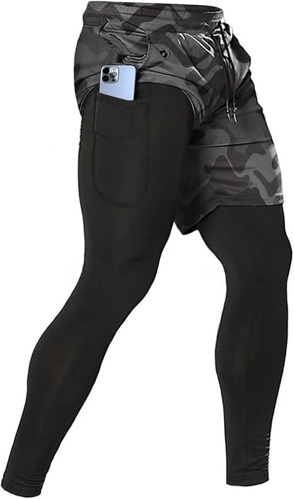 Aolesy Men's 2 in 1 Running Pants, Gym Workout Compression Pants for Men Training Athletic