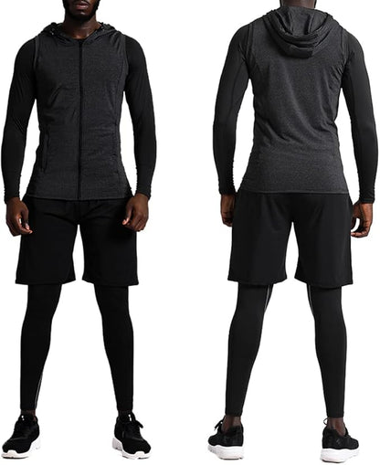 BUYJYA 5Pcs Men's Compression Pants Shirt Top Long Sleeve Jacket Athletic Sets Gym Clothing Mens Workout