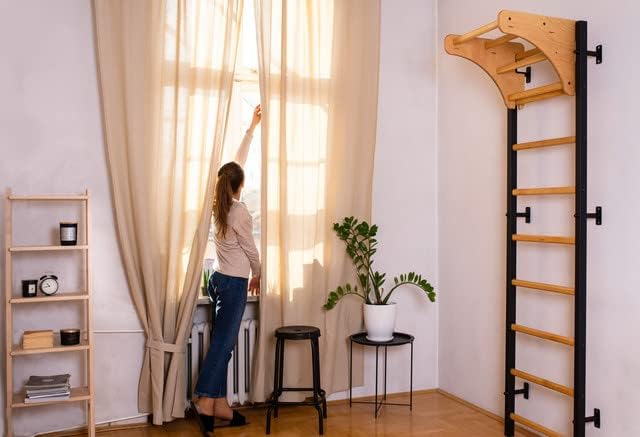 Wooden Swedish Ladder Wall Stall Bar - Indoor Chin Up Bar Workout Equipment for Home Exercise, Physical Therapy, Gymnastics, Fitness